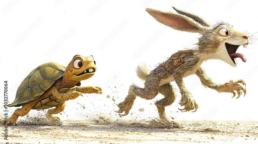 Poster   A rabbit and a turtle chase each other on a sandy field with a white background