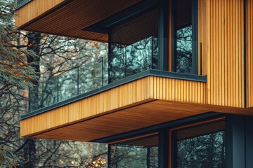 Fototapeta premium Wooden Balcony with Glass Railing and Window Reflections