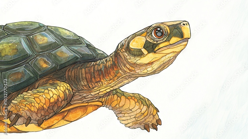 Poster drawing of a turtle on a white background with a blue sky in the background and a white sky in the f