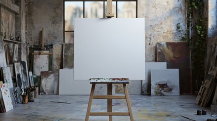 a blank canvas set on an easel in an art studio, ready to be transformed, symbolizing creativity and endless possibilities