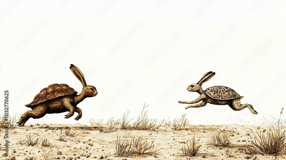 Poster a picture of a turtle pursuing a tortoise on a sandy expanse, featuring a turtle in the foreground