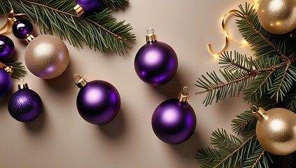 Obraz premium purple baubles sit beige fir branches golden lights top view flat lay setup photography
