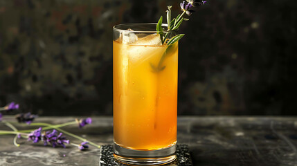 Refreshing summer drink with lavender. A tall glass of iced tea is garnished with a sprig of lavender. The glass is set on a dark table.