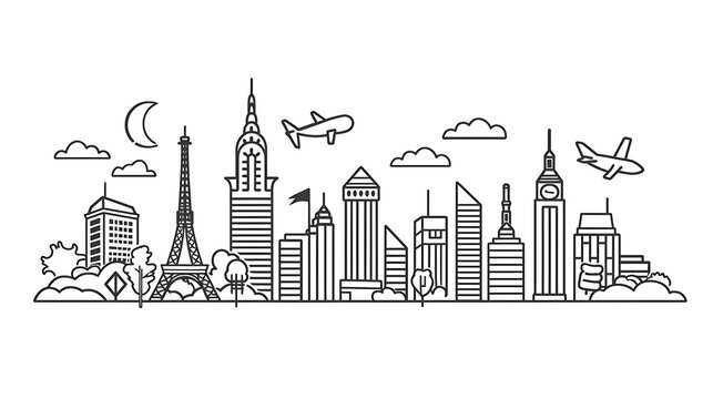 A simple line drawing of a cityscape. The image features a number of buildings, including the Eiffel Tower, the Chrysler Building, and the Big Ben.