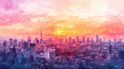 Obraz premium A cityscape painting featuring a sunset with shades of pink and yellow in the backdrop