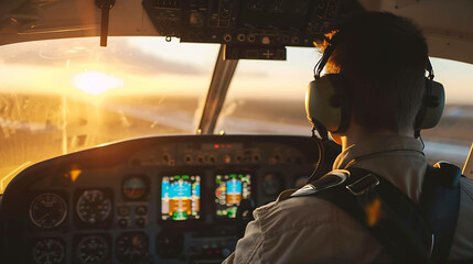 A pilot wearing a headset flies a plane towards the setting sun.