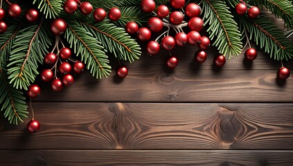 rustic evergreen branches holiday berries adorn wooden backdrop