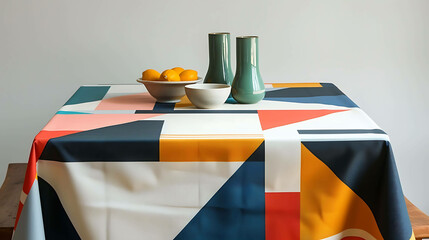 A beautiful still life image of a table with a colorful tablecloth, a bowl of lemons, and two vases.