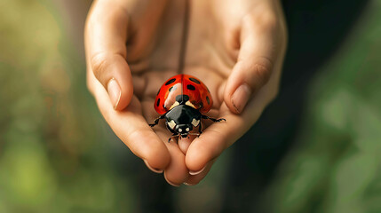 **A cute little ladybug sits on a person's hand. The ladybug is red with black spots and has its wings open.