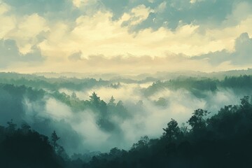 Fototapeta premium Misty Morning Over A Forest With A Soft Golden Sky
