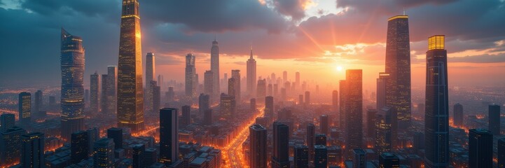 Fototapeta premium A breathtaking sunset view over a modern city skyline, showcasing towering skyscrapers and vibrant city lights, perfect for urban development and business themes.