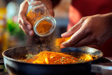 Hands adding vibrant orange spices into a hot pan while cooking in a kitchen