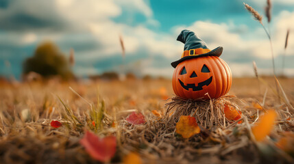 Fototapeta premium A miniature photo of a pumpkin scarecrow in the field. Photos of diorama models. Holidays, halloween