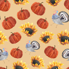 Watercolor pumpkin sunflower turkey bird seamless pattern Autumn 2024 Thanksgiving day decoration Harvest festival design Wrapping paper wallpaper textile print Ripe gourd Beige background Gobbler