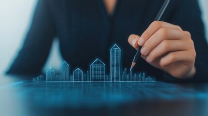 Businesswoman sketching a futuristic cityscape with glowing buildings and ideas, urban creativity, future city concepts in business