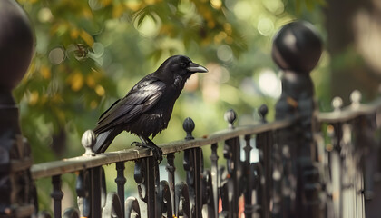 Closeup of Black crow relaxing on a metal fence in the park in summer day , looking around