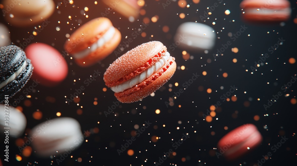 Aufkleber captivating macarons suspended in mid-air with sparkling reflection on gradient background - minimal