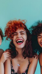 Naklejka premium Joyful friends laughing together with trendy hairstyles