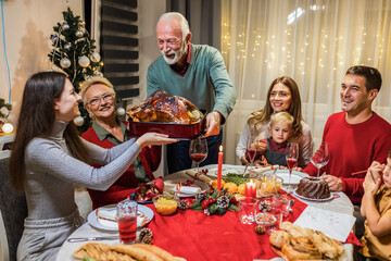 Tasty turkey on the dining table. Family Christmas dinner.