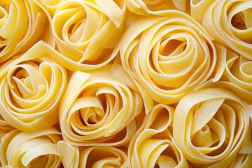A close-up of uncooked pappardelle pasta noodles