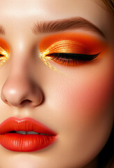 Fototapeta premium A striking close-up photo of a model with vivid orange eye makeup. The vibrant colors and flawless blending highlight artistic makeup skills, emphasizing the model's eye and lip features.