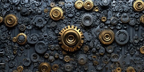 Complex 3D tech pattern with rotating gears and metallic textures
