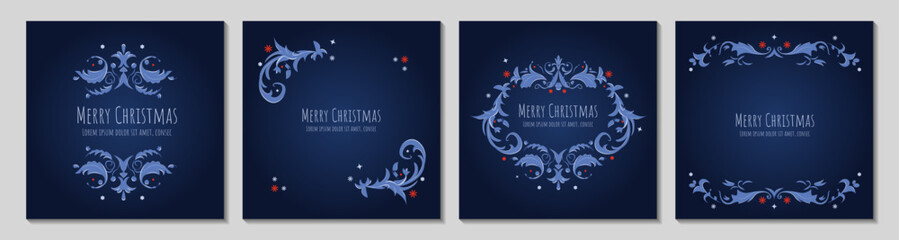 Set of square Christmas and New Year greeting card. Green background with traditional book ornaments. Holiday design for greeting card, invitation, cover, calendar, social media posts.	