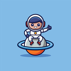 Cartoon Astronaut on Rocket with Peace Hand Icon for Digital Use