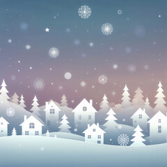 Picturesque winter scene illustration with houses and falling snowflakes