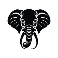 Bold Elephant Head Illustration in Black and White with Trunk and Tusks