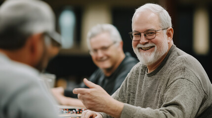 Group of retirees playing board games at a community center, recording snippets of the friendly competition for social media stories photo