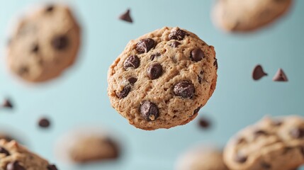 Levitating Chocolate Chip Cookies in Flight on Pastel Background - High Resolution Commercial Photography with Stunning Details for Web Design