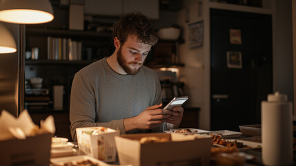 Man sitting in a cluttered kitchen at midnight, scrolling through old photos on his phone, surrounded by takeaway food boxes photo