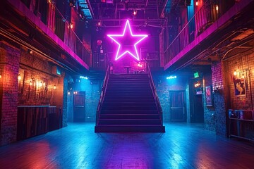 Neon Star Above a Staircase in a Brick-Walled Room