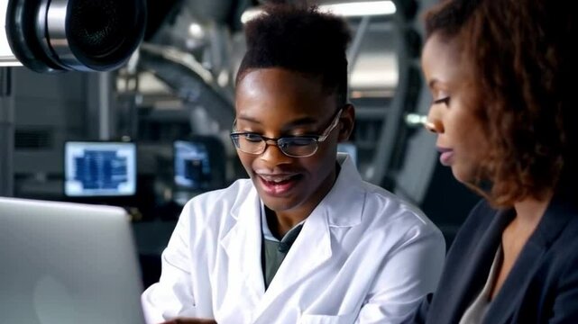 A close-up portrait of a young aerospace engineer wearing a lab coat and glasses, explaining a high-tech turbine prototype on a laptop to an industrial specialist