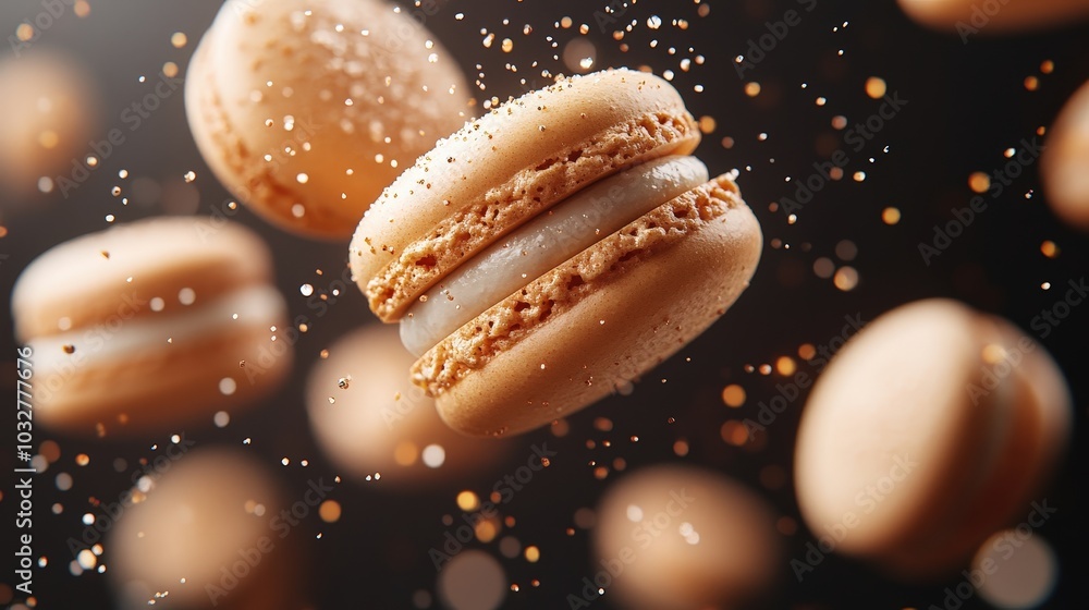 Aufkleber vibrant macarons floating in the air on gradient background with sparkling reflection - minimalistic
