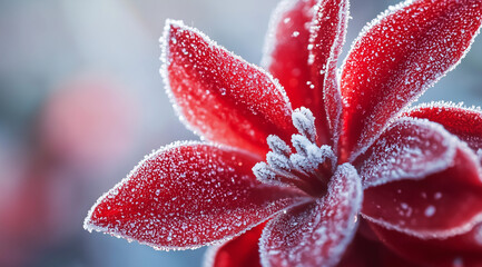 Fototapeta premium Frosty red flower petals with snowy background in macro photography