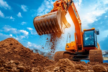 Excavator Bucket Scooping Earth Under Blue Sky