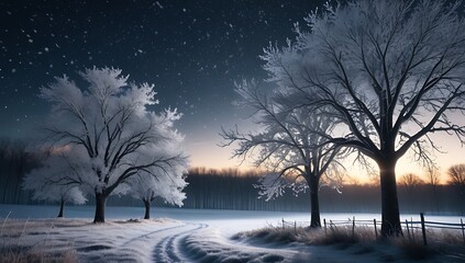 trees stand frosty late winter landscape snowy evening sky soft falling flakes around