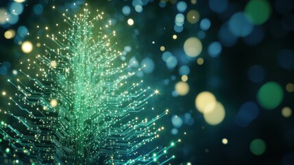 Futuristic digital Christmas tree glowing with neon blue lights, blending technology with holiday spirit.