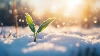 雪を押しのけ芽吹く小さな植物