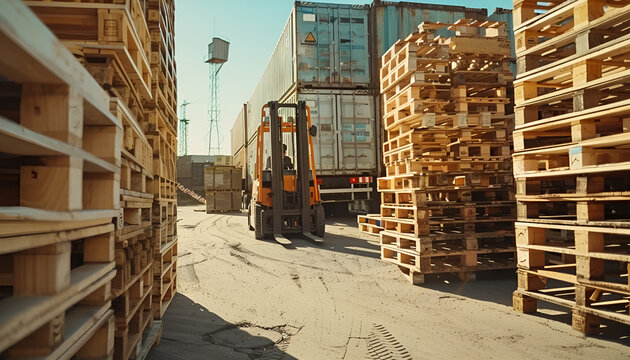 Modern manual forklift with wooden pallets near trucks outdoors on sunny day