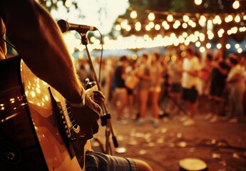 Close up of an acoustic guitarist sitting on the stage, playing his guitar at an outdoor concert in the evening with many people enjoying the music and lights. In the background is an audience standin