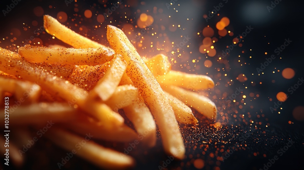 Poster crispy fries floating in sparkling air on stylish gradient background - minimalist hyperdetailed con