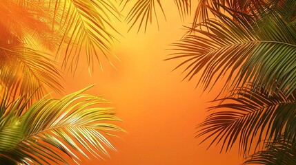 Fototapeta premium Orange sky, sun shining through palms