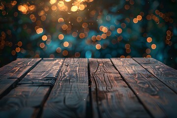 A wooden table with blurry lights in the background