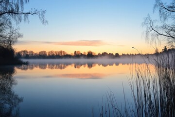 Fototapeta premium Silhouetted Trees and Fog Over a Still Lake at Dawn