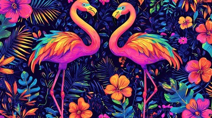   A pair of flamingos gracefully perched atop a verdant field adorned with vibrant blooms