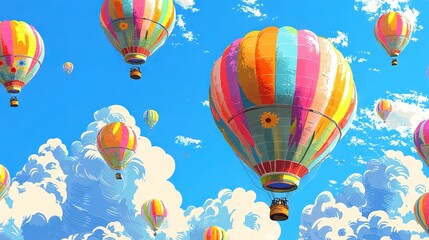 Obraz premium A colorful hot air balloon group flies through a blue sky with cloudy foreground and sun in the middle