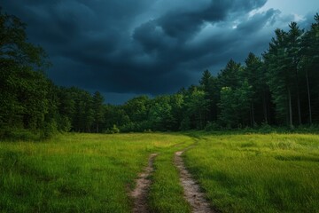 Obraz premium A Dirt Path Leading Through A Lush Green Meadow With Dark Storm Clouds Above